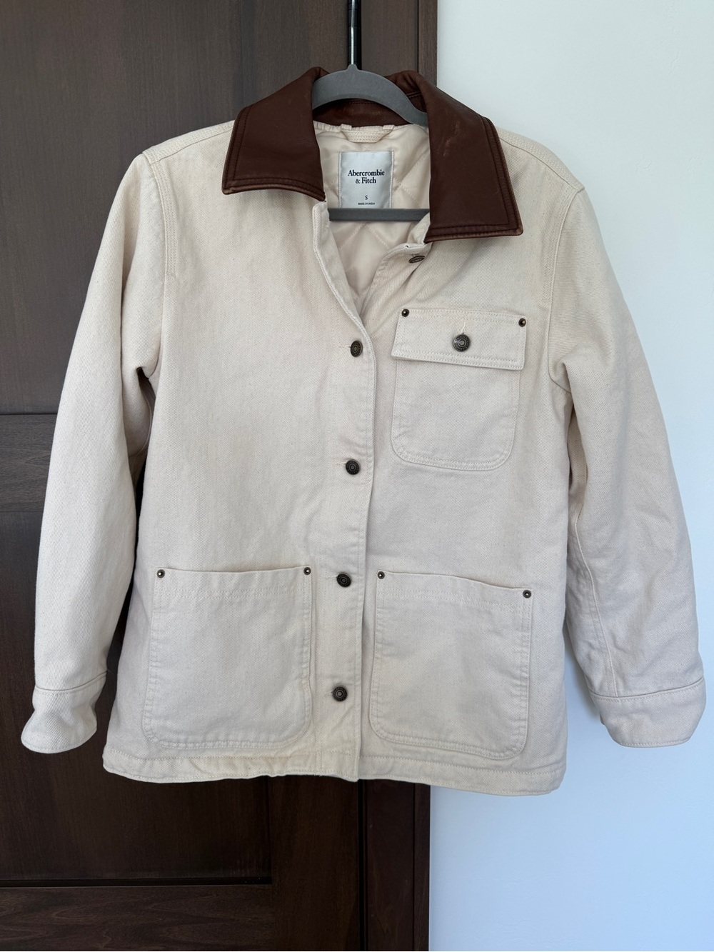 Abercrombie & Fitch Cream Cinched Waist Distressed Workwear Jacket